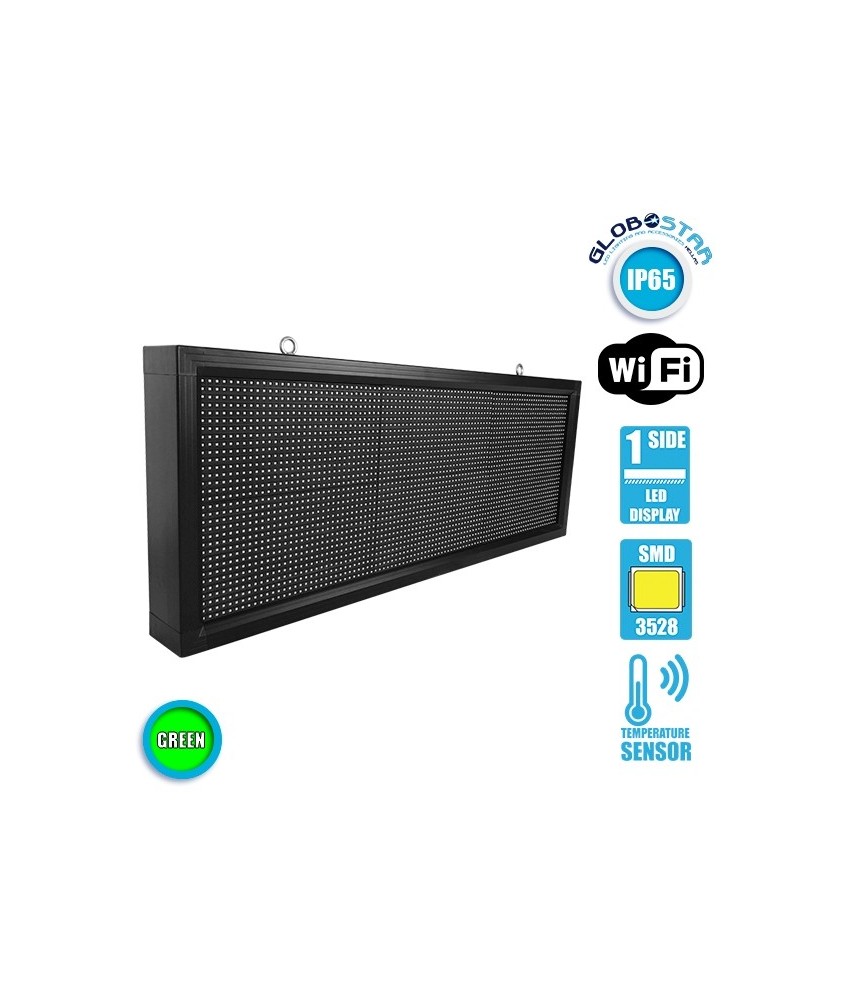 GLOBOSTAR® DISPLAY 90272 Κυλιόμενη Ψηφιακή Επιγραφή P10 Μονής Όψης LED AC 220-240V Αδιάβροχο IP54 Πράσινο - WiFi Control μέσω FK APP - Αισθητήρας Θερμοκρασίας & Υγρασίας - Μ104 x Π9 x Υ40cm - 2 Χρόνια Εγγύηση